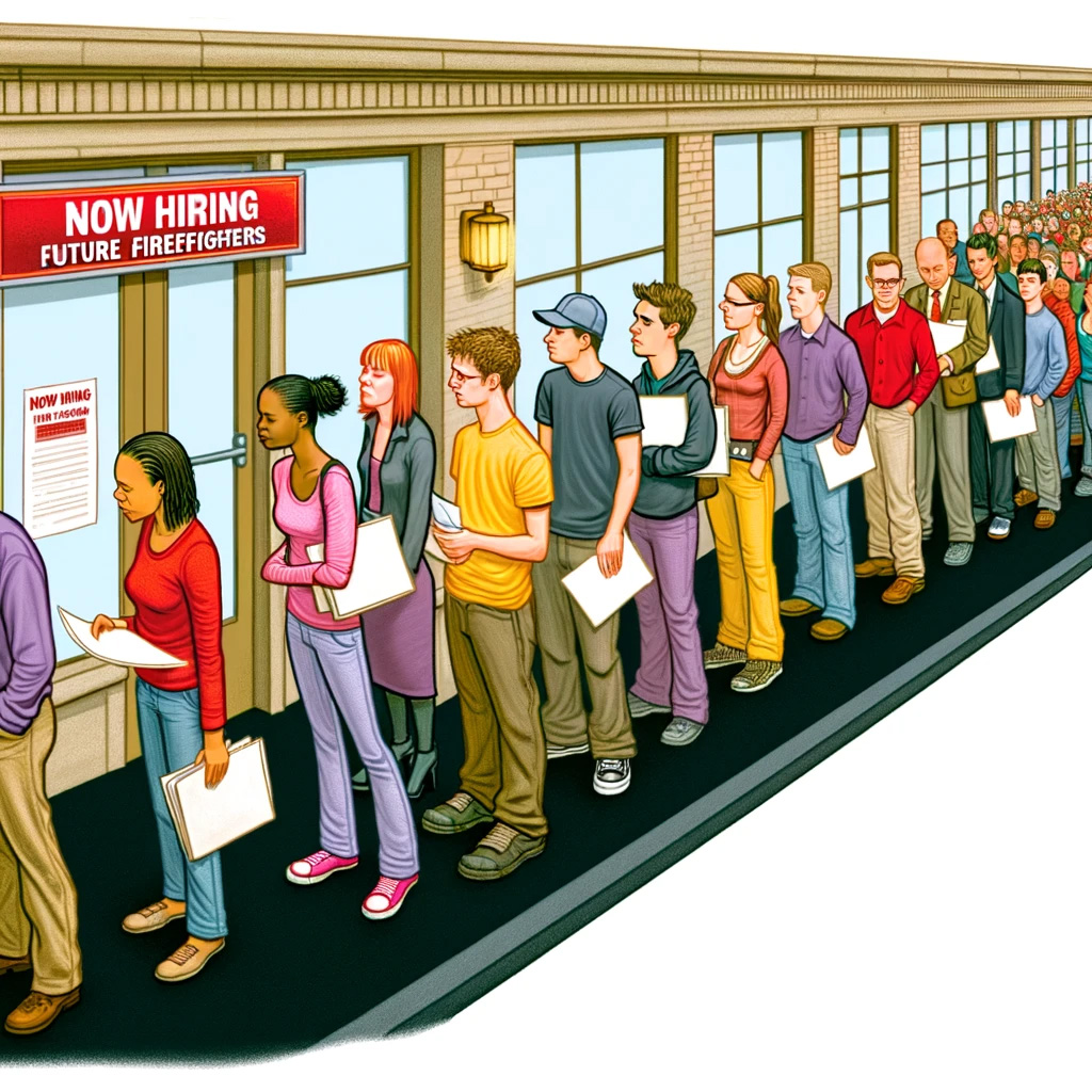 Picture of a long line of people waiting to apply to the fire department